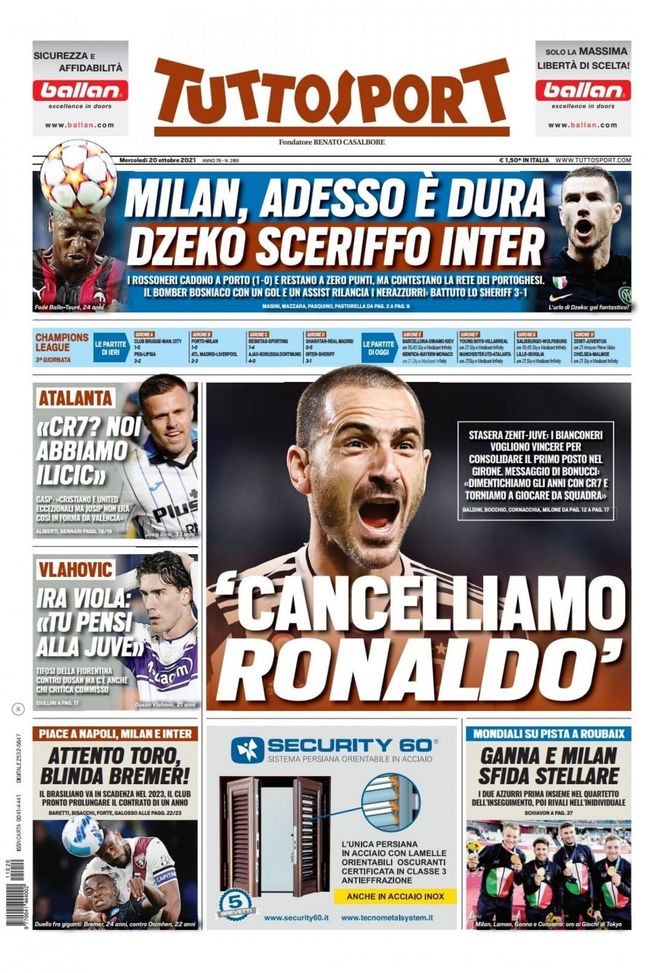 Prima Pagina, Tuttosport: “Cancelliamo Ronaldo. Milan, adesso è dura”  Prima Pagina, Tuttosport: “Cancelliamo Ronaldo. Milan, adesso è dura” - immagine 1