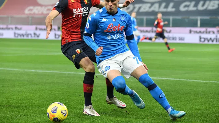 GENOA, ITALY - FEBRUARY 06:  Eljif Elmas of Napoli during the Serie A match between Genoa CFC  and SSC Napoli at Stadio Luigi Ferraris on February 06, 2021 in Genoa, Italy. (Photo by SSC NAPOLI/SSC NAPOLI via Getty Images)