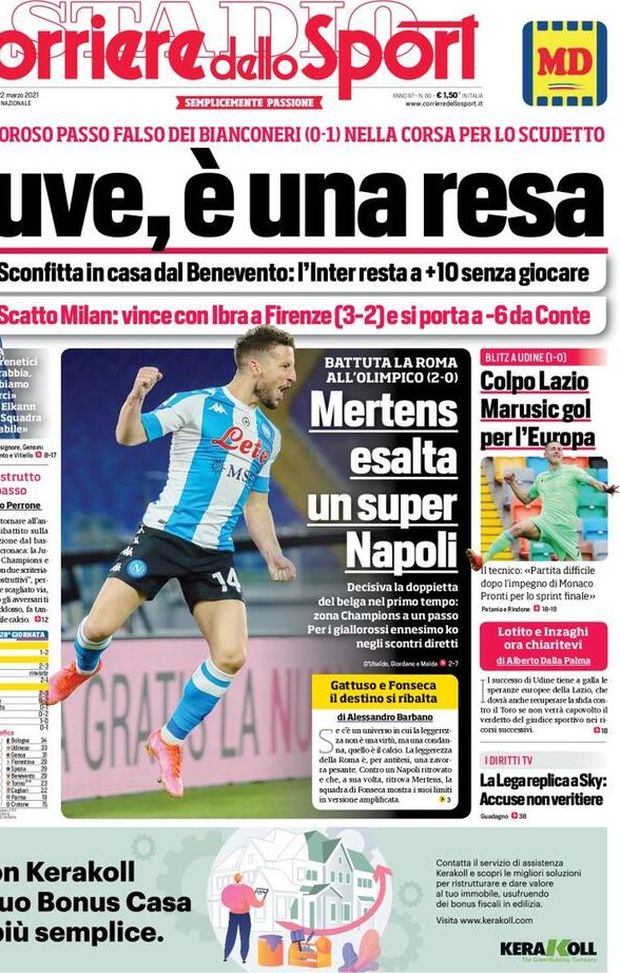 Prima Pagina, Corriere dello Sport: “Juve, è una resa! Scatto Milan che vince con Ibra a Firenze, Inter a -6” Prima Pagina, Corriere dello Sport: “Juve, è una resa! Scatto Milan che vince con Ibra a Firenze, Inter a -6”