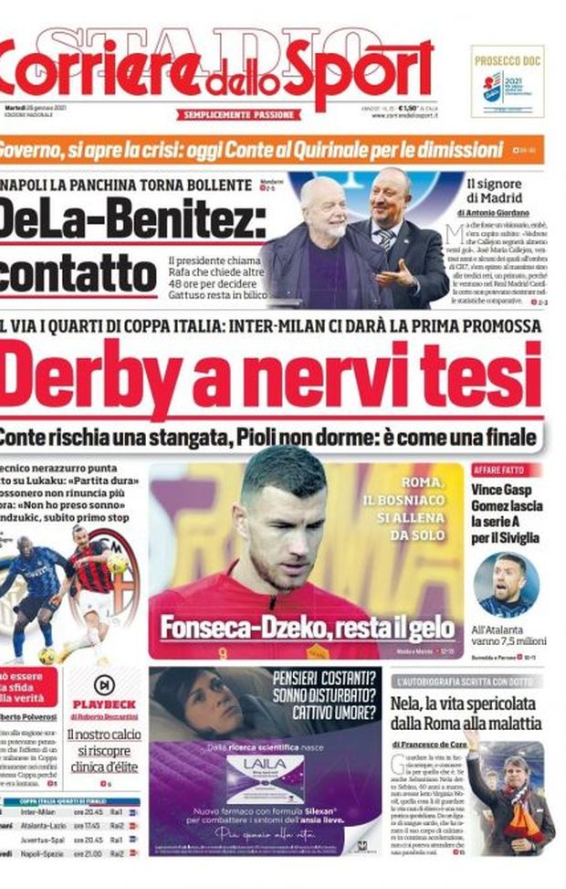 Prima Pagina, Corriere dello Sport: “Derby a nervi tesi. DeLa-Benitez: contatto. Fonseca-Dzeko, resta il gelo” 