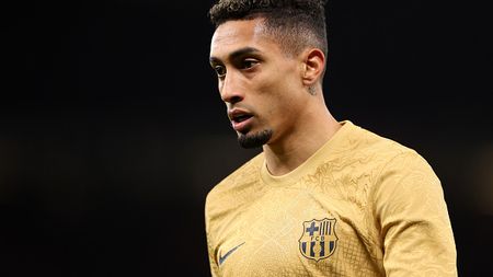 MANCHESTER, ENGLAND - FEBRUARY 23: Raphinha of FC Barcelona during the UEFA Europa League knockout round play-off leg two match between Manchester United and FC Barcelona at Old Trafford on February 23, 2023 in Manchester, England. (Photo by Catherine Ivill/Getty Images)