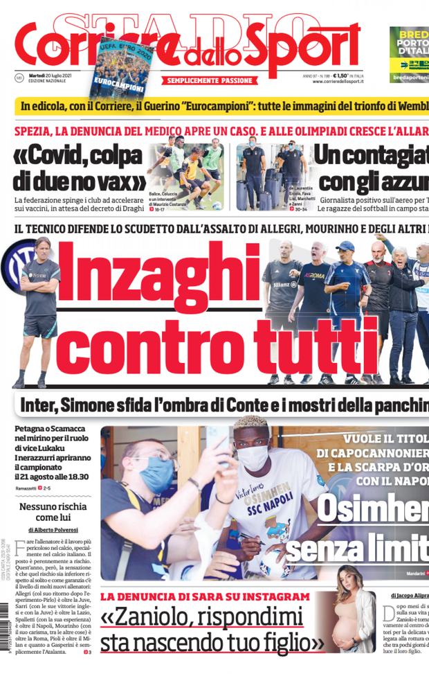 Prima Pagina, Corriere dello Sport: “Inzaghi contro tutti. Osimhen senza limiti” 