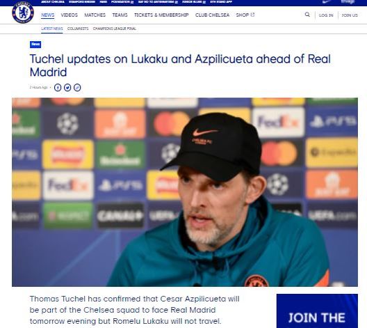 Le parole dell'allenatore sul sito ufficiale del Chelsea Champions, Tuchel: “Lukaku infortunato, non partirà con noi per Madrid”- immagine 2