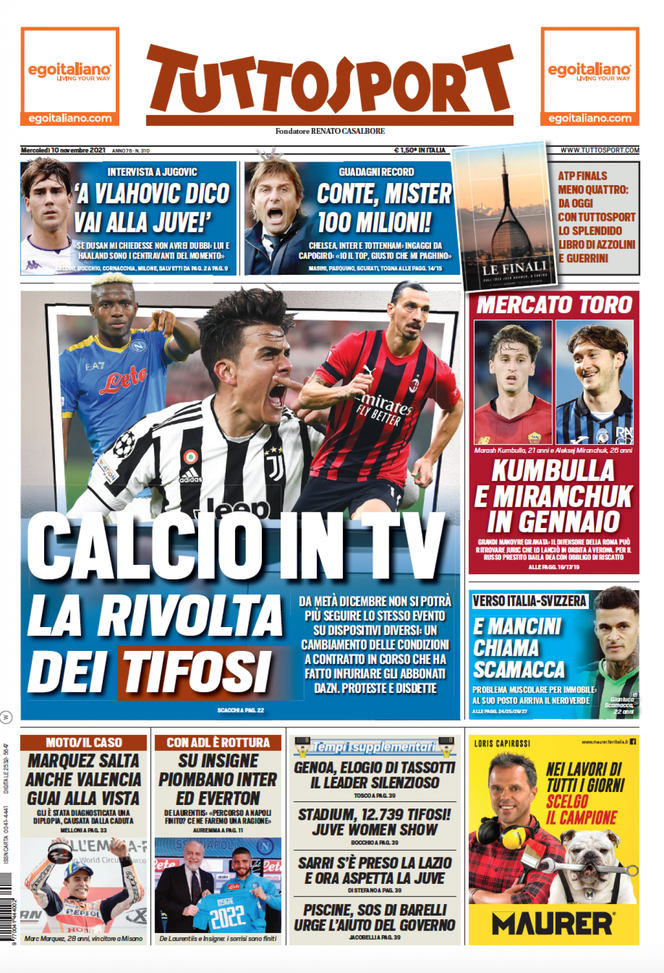 Prima Pagina, Tuttosport: “Calcio in tv, la rivolta dei tifosi” - immagine 1