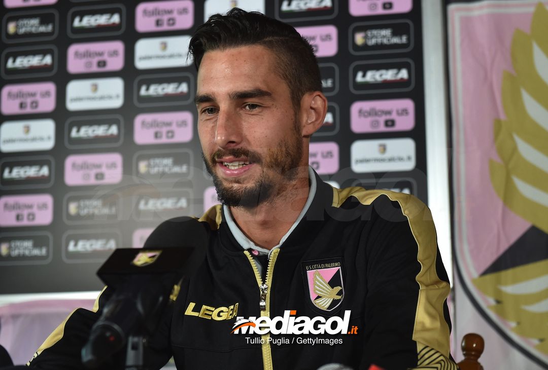  BELLUNO, ITALY - JULY 20:  Alessandro Salvi speaks to the media during his presentation as new player of Palermo at the US Citta' di Palermo training camp on July 20, 2018 in Belluno, Italy.  (Photo by Tullio M. Puglia/Getty Images) 