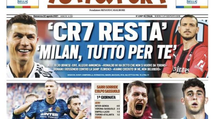 Prima Pagina, Tuttosport: “CR7 resta, Milan tutto per te. Lukaku chi? Che Inter”  Prima Pagina, Tuttosport: “CR7 resta, Milan tutto per te. Lukaku chi? Che Inter”