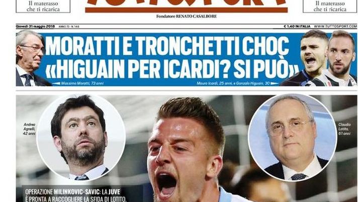 Prima Pagina, Tuttosport: “I soldi ci sono: operazione Milinković-Savić. Moratti: ‘Higuain per Icardi? Si può’. Cristante: grazie Atalanta…” Prima Pagina, Tuttosport: “I soldi ci sono: operazione Milinković-Savić. Moratti: ‘Higuain per Icardi? Si può’. Cristante: grazie Atalanta…”