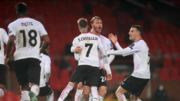 L'esultanza di Simon Kjaer per il suo gol in Manchester United-Milan (Europa League 2020-2021) | AC Milan News (Getty Images) 