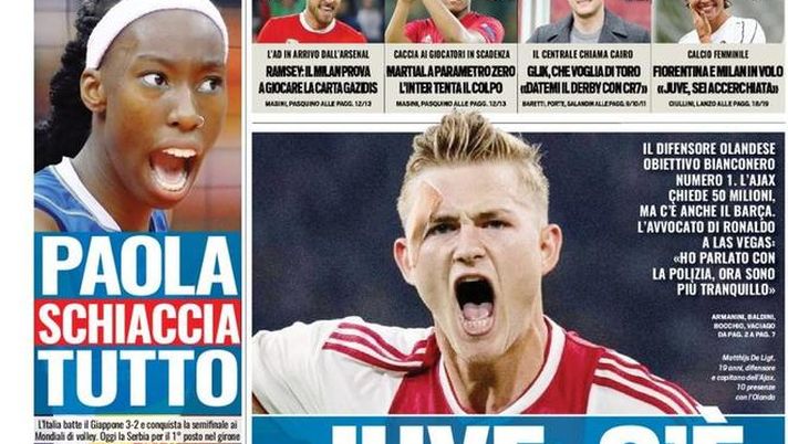 Prima Pagina, Tuttosport: “Juve, c’è De Ligt! Ramsey, il Milan prova la carta Gazidis. Martial, l’Inter…”  Prima Pagina, Tuttosport: “Juve, c’è De Ligt! Ramsey, il Milan prova la carta Gazidis. Martial, l’Inter…”