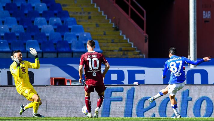 GENOA, ITALY - MARCH 21: Antonio Candreva of Sampdoria scores a goal during the Serie A match between UC Sampdoria and Torino FC at Stadio Luigi Ferraris on March 21, 2021 in Genoa, Italy. (Photo by Getty Images) 