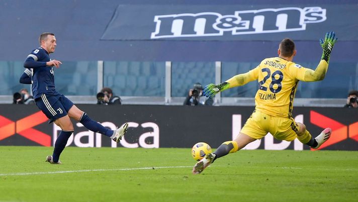 TURIN, ITALY - JANUARY 24: Federico Bernardeschi of Juventus kicks the ball and Bologna goalkeeper Lukasz Skorupski stop a shot during the Serie A match between Juventus and Bologna FC at Allianz Stadium on January 24, 2021 in Turin, Italy. (Photo by Daniele Badolato - Juventus FC/Juventus FC via Getty Images) TURIN, ITALY - JANUARY 24: Federico Bernardeschi of Juventus kicks the ball and Bologna goalkeeper Lukasz Skorupski stop a shot during the Serie A match between Juventus and Bologna FC at Allianz Stadium on January 24, 2021 in Turin, Italy. (Photo by Daniele Badolato - Juventus FC/Juventus FC via Getty Images)