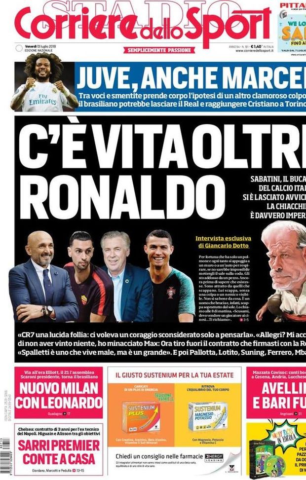 Prima Pagina, Corriere dello Sport: “C’è vita oltre Ronaldo. Juve, anche Marcelo. Avellino e Bari fuori…” Prima Pagina, Corriere dello Sport: “C’è vita oltre Ronaldo. Juve, anche Marcelo. Avellino e Bari fuori…”