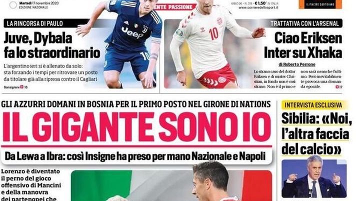 Il Corriere dello Sport, la prima pagina di oggi, martedì 17 novembre 2020 