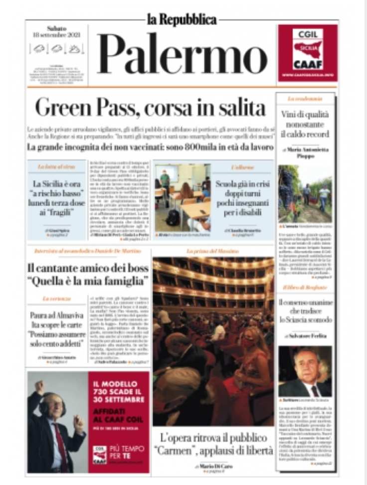 Prima Pagina, La Repubblica Palermo: “Green Pass, corsa in salita” Prima Pagina, La Repubblica Palermo: “Green Pass, corsa in salita”