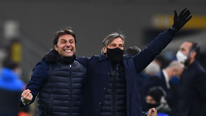 MILAN, ITALY - MARCH 08: Head coach of FC Internazionale Antonio Conte celebrates with Gabriele Oriali the win at the end of the Serie A match between FC Internazionale and Atalanta BC at Stadio Giuseppe Meazza on March 08, 2021 in Milan, Italy. (Photo by Claudio Villa - Inter/Inter via Getty Images) MILAN, ITALY - MARCH 08: Head coach of FC Internazionale Antonio Conte celebrates with Gabriele Oriali the win at the end of the Serie A match between FC Internazionale and Atalanta BC at Stadio Giuseppe Meazza on March 08, 2021 in Milan, Italy. (Photo by Claudio Villa - Inter/Inter via Getty Images)
