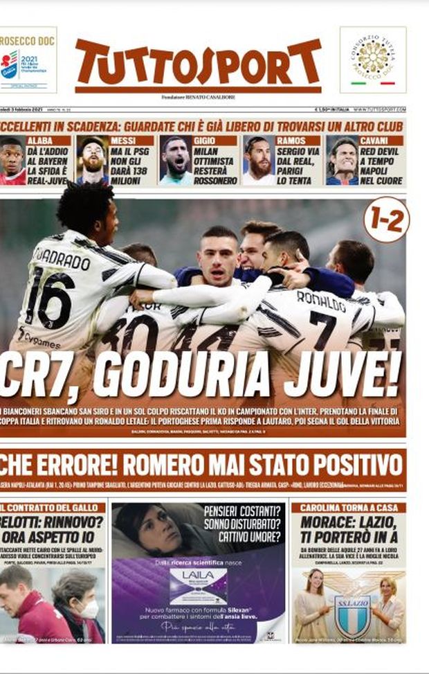 Prima Pagina, Tuttosport: &#8220;CR7, goduria Juve! Atalanta, che errore: Romero mai stato positivo&#8221; 
