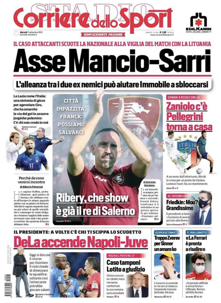 Prima Pagina, Corriere dello Sport: “Asse Mancio-Sarri. Ribery, già il re di Salerno” Prima Pagina, Corriere dello Sport: “Asse Mancio-Sarri. Ribery, già il re di Salerno”