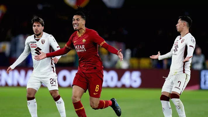 ROME, ITALY - JANUARY 05: Chris Smalling of AS Roma reacts during the Serie A match between AS Roma and Torino FC at Stadio Olimpico on January 5, 2020 in Rome, Italy.  (Photo by Paolo Bruno/Getty Images)