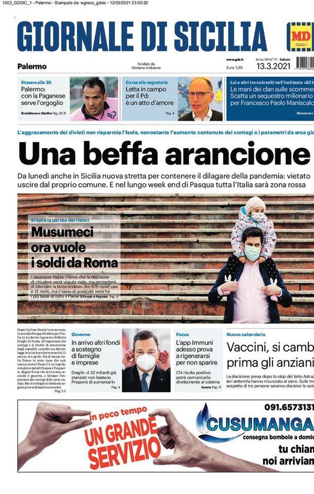 Prima Pagina, Giornale di Sicilia: “Una beffa arancione. Musumeci ora vuole i soldi da Roma”  Prima Pagina, Giornale di Sicilia: “Una beffa arancione. Musumeci ora vuole i soldi da Roma”