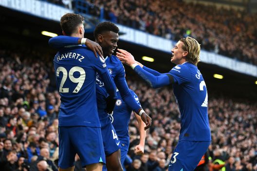 LONDON, ENGLAND - JANUARY 15: Kai Havertz of Chelsea celebrates with teammate Benoit Badiashile and Conor Gallagher after scoring the team's first goal during the Premier League match between Chelsea FC and Crystal Palace at Stamford Bridge on January 15, 2023 in London, England. (Photo by Mike Hewitt/Getty Images) Chelsea