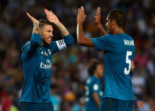 BARCELONA, SPAIN - AUGUST 13: Sergio Ramos of Real Madrid celebrates with his teammate Raphael Varane after the end the Supercopa de Espana Supercopa Final 1st Leg match between FC Barcelona and Real Madrid at Camp Nou on August 13, 2017 in Barcelona, Spain. (Photo by Manuel Queimadelos Alonso/Getty Images,) BARCELONA, SPAIN - AUGUST 13: Sergio Ramos of Real Madrid celebrates with his teammate Raphael Varane after the end the Supercopa de Espana Supercopa Final 1st Leg match between FC Barcelona and Real Madrid at Camp Nou on August 13, 2017 in Barcelona, Spain. (Photo by Manuel Queimadelos Alonso/Getty Images,)
