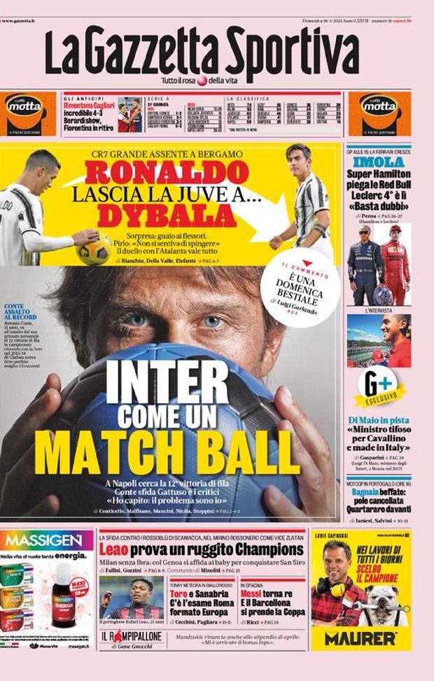 Prima Pagina, La Gazzetta dello Sport: “Inter, come un match ball. Ronaldo lascia la Juve a… Dybala” 