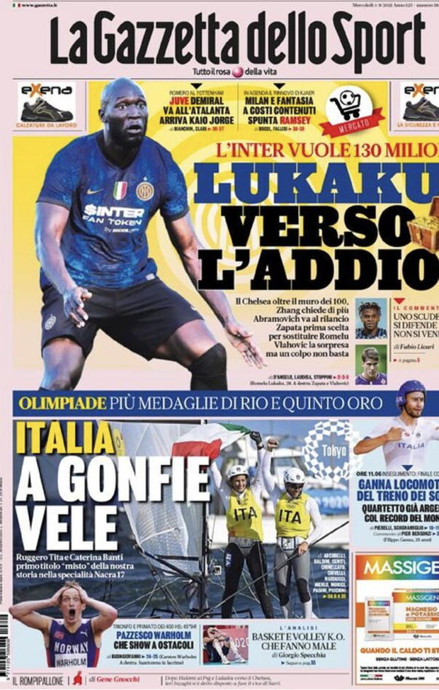 Prima Pagina, Gazzetta dello Sport: “Lukaku verso l’addio. Milan, spunta Ramsey” 