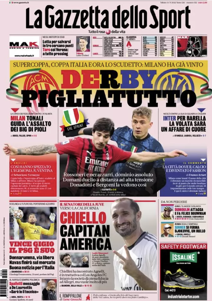 Prima Pagina, La Gazzetta dello Sport: “Derby pigliatutto. Chiello capitan America” prima pagina