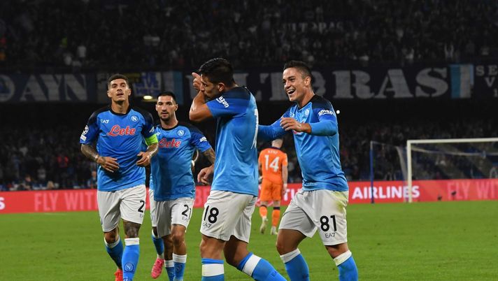 NAPLES, ITALY - OCTOBER 26: Giovanni Simeone of Napoli celebrates after scoring the first goal of Napoli during the UEFA Champions League group A match between SSC Napoli and Rangers FC at Stadio Diego Armando Maradona on October 26, 2022 in Naples, Italy. (Photo by SSC NAPOLI/SSC NAPOLI via Getty Images) napoli rangers