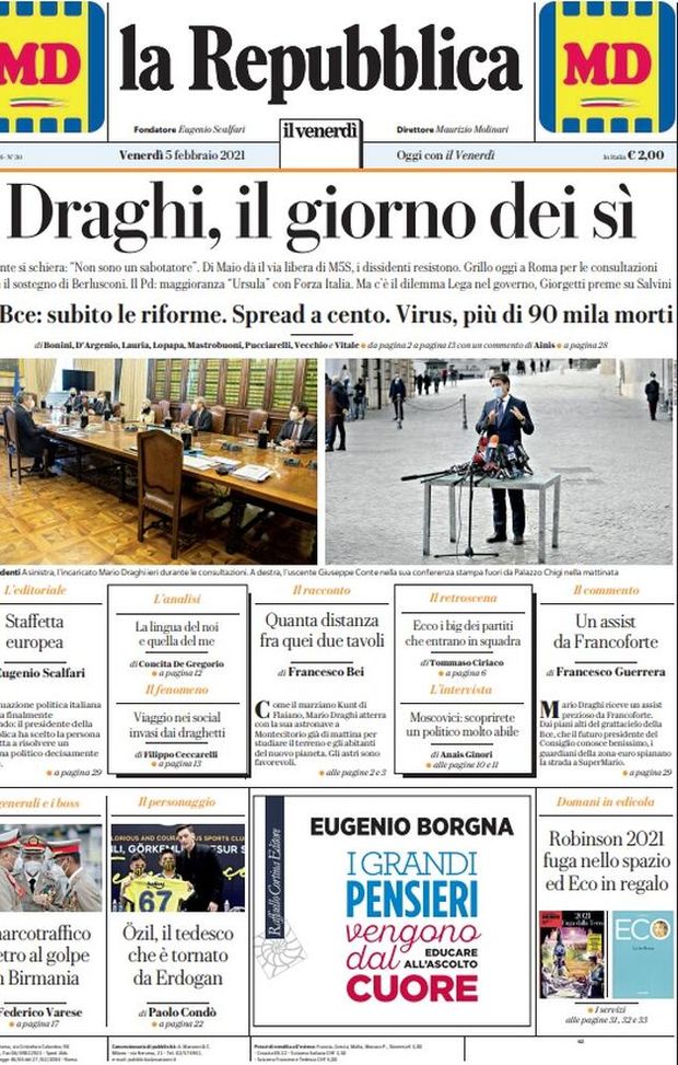 Prima Pagina, La Repubblica: “Draghi, il giorno dei sì; Conte si schiera. La Bce: subito le riforme&#8221; 
