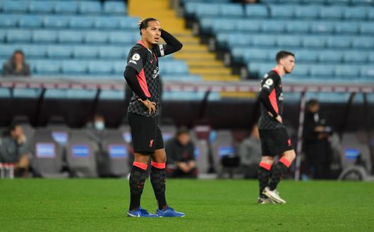 BIRMINGHAM, ENGLAND - OCTOBER 04: Virgil van Dijk of Liverpool reacts after Aston Villa score their 7th goal during the Premier League match between Aston Villa and Liverpool at Villa Park on October 04, 2020 in Birmingham, England. Sporting stadiums around the UK remain under strict restrictions due to the Coronavirus Pandemic as Government social distancing laws prohibit fans inside venues resulting in games being played behind closed doors. (Photo by Peter Powell - Pool/Getty Images) BIRMINGHAM, ENGLAND - OCTOBER 04: Virgil van Dijk of Liverpool reacts after Aston Villa score their 7th goal during the Premier League match between Aston Villa and Liverpool at Villa Park on October 04, 2020 in Birmingham, England. Sporting stadiums around the UK remain under strict restrictions due to the Coronavirus Pandemic as Government social distancing laws prohibit fans inside venues resulting in games being played behind closed doors. (Photo by Peter Powell - Pool/Getty Images)