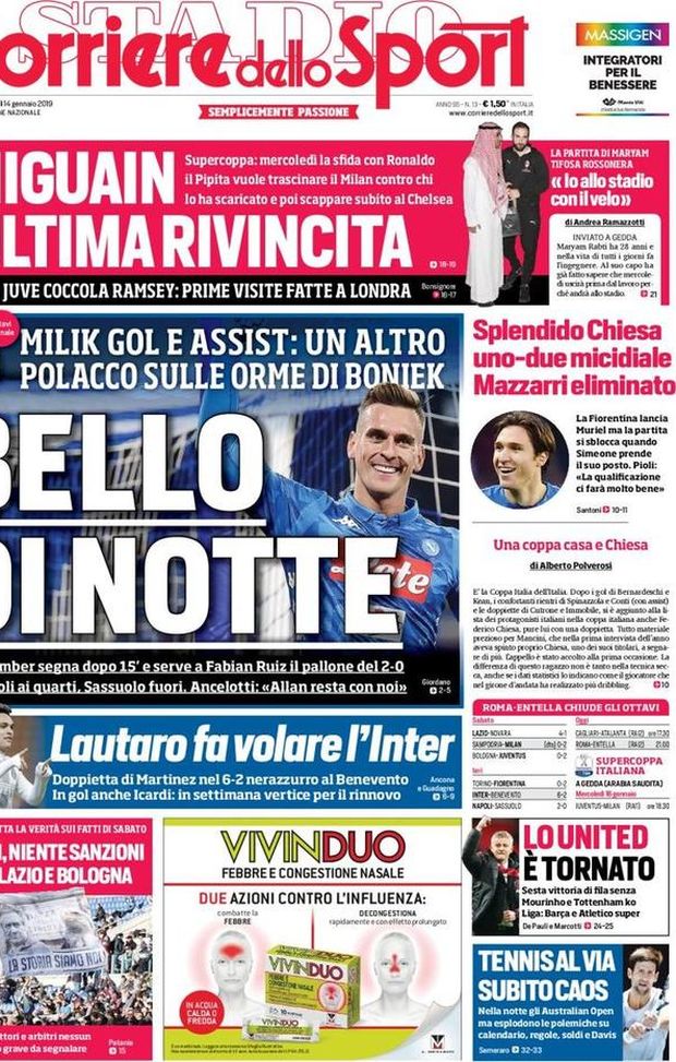 Prima Pagina, Corriere dello Sport: “Bello di notte. Higuain, ultima rivincita. Lautaro fa volare l’Inter…” Prima Pagina, Corriere dello Sport: “Bello di notte. Higuain, ultima rivincita. Lautaro fa volare l’Inter…”
