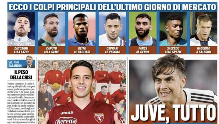 Prima Pagina, Tuttosport: &#8220;Juventus, tutto su Dybala. Brekalo al Toro!&#8221;