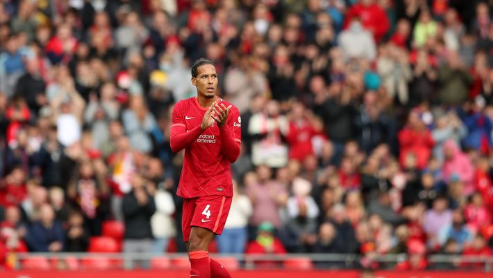 LIVERPOOL, ENGLAND - AUGUST 08:  Virgil van Dijk of Liverpool is substituted during the pre-season friendly match between Liverpool and Athletic Club at Anfield on August 08, 2021 in Liverpool, England. (Photo by Jan Kruger/Getty Images,) 