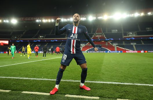 PARIS, FRANCE - MARCH 11: (FREE FOR EDITORIAL USE) In this handout image provided by UEFA, Neymar of Paris Saint-Germain celebrates victory after the UEFA Champions League round of 16 second leg match between Paris Saint-Germain and Borussia Dortmund at Parc des Princes on March 11, 2020 in Paris, France. The match is played behind closed doors as a precaution against the spread of COVID-19 (Coronavirus). (Photo by UEFA - Handout/UEFA via Getty Images) PARIS, FRANCE - MARCH 11: (FREE FOR EDITORIAL USE) In this handout image provided by UEFA, Neymar of Paris Saint-Germain celebrates victory after the UEFA Champions League round of 16 second leg match between Paris Saint-Germain and Borussia Dortmund at Parc des Princes on March 11, 2020 in Paris, France. The match is played behind closed doors as a precaution against the spread of COVID-19 (Coronavirus). (Photo by UEFA - Handout/UEFA via Getty Images)