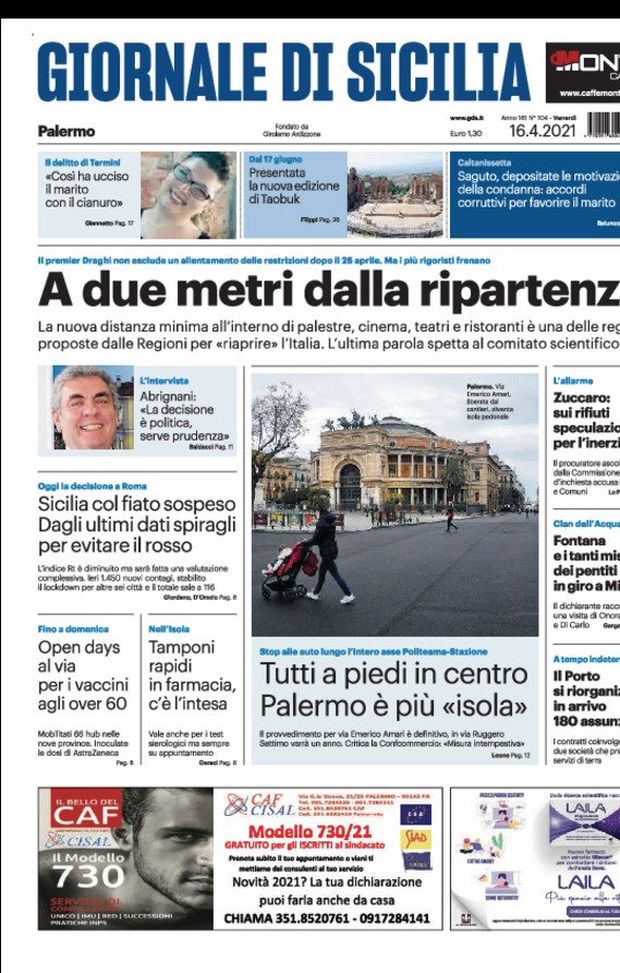 Prima Pagina, Giornale di Sicilia: “A due metri dalla ripartenza. Sicilia col fiato sospeso, spiragli per evitare la zona rossa&#8221; 