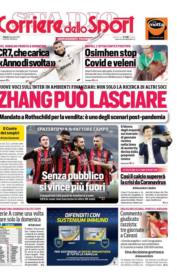 Prima Pagina, Corriere dello Sport: “Zhang può lasciare. Osimhen, Covid e veleni. CR7…”  Prima Pagina, Corriere dello Sport: “Zhang può lasciare. Osimhen, Covid e veleni. CR7…”