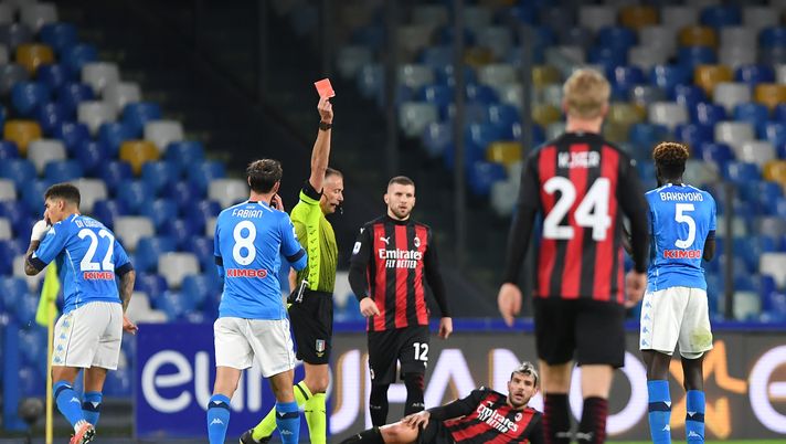 NAPLES, ITALY - NOVEMBER 22: Tiemoue Bakayoko of S.S.C. Napoli is shown a red card by referee Paolo Valeri during the Serie A match between SSC Napoli and AC Milan at Stadio San Paolo on November 22, 2020 in Naples, Italy. Sporting stadiums around Italy remain under strict restrictions due to the Coronavirus Pandemic as Government social distancing laws prohibit fans inside venues resulting in games being played behind closed doors. (Photo by Francesco Pecoraro/Getty Images) NAPLES, ITALY - NOVEMBER 22: Tiemoue Bakayoko of S.S.C. Napoli is shown a red card by referee Paolo Valeri during the Serie A match between SSC Napoli and AC Milan at Stadio San Paolo on November 22, 2020 in Naples, Italy. Sporting stadiums around Italy remain under strict restrictions due to the Coronavirus Pandemic as Government social distancing laws prohibit fans inside venues resulting in games being played behind closed doors. (Photo by Francesco Pecoraro/Getty Images)