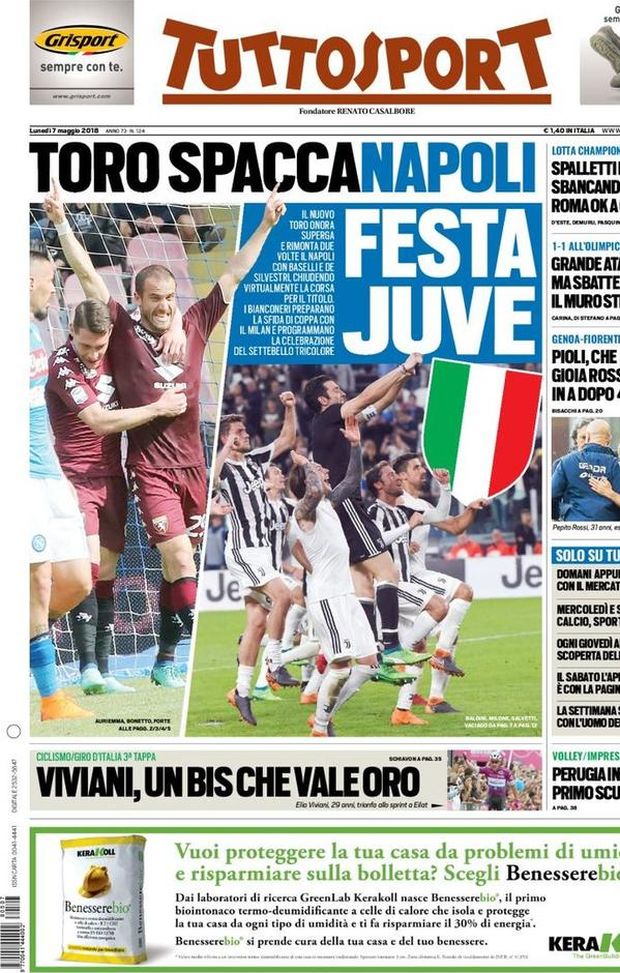 Prima Pagina, Tuttosport: &#8220;Toro spaccaNapoli. Spalletti rilancia, Roma ok. Gioia Rossi: gol in A dopo 4 anni&#8230;&#8221; 