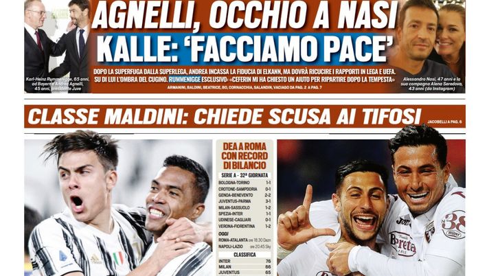 Prima Pagina, Tuttosport: “Agnelli, occhio a Nasi. Tre colpi Juve. Tonfo Milan, Inter a -9 dallo scudetto” 