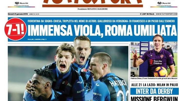Prima Pagina, Tuttosport: “3menda Dea, disastro Juve. Immensa viola, Roma umiliata. Inter da derby…” 