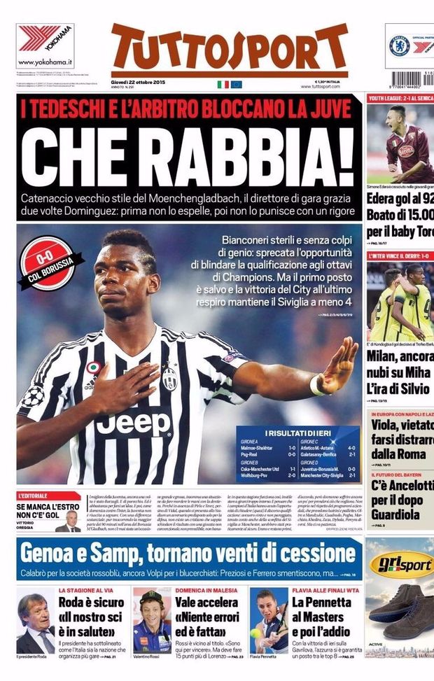 Prima Pagina, Tuttosport: &#8220;Che rabbia! L&#8217;arbitro e i tedeschi fermano la Juventus in Champions. Ferrero smentisce cessione, ma&#8230;&#8221; 