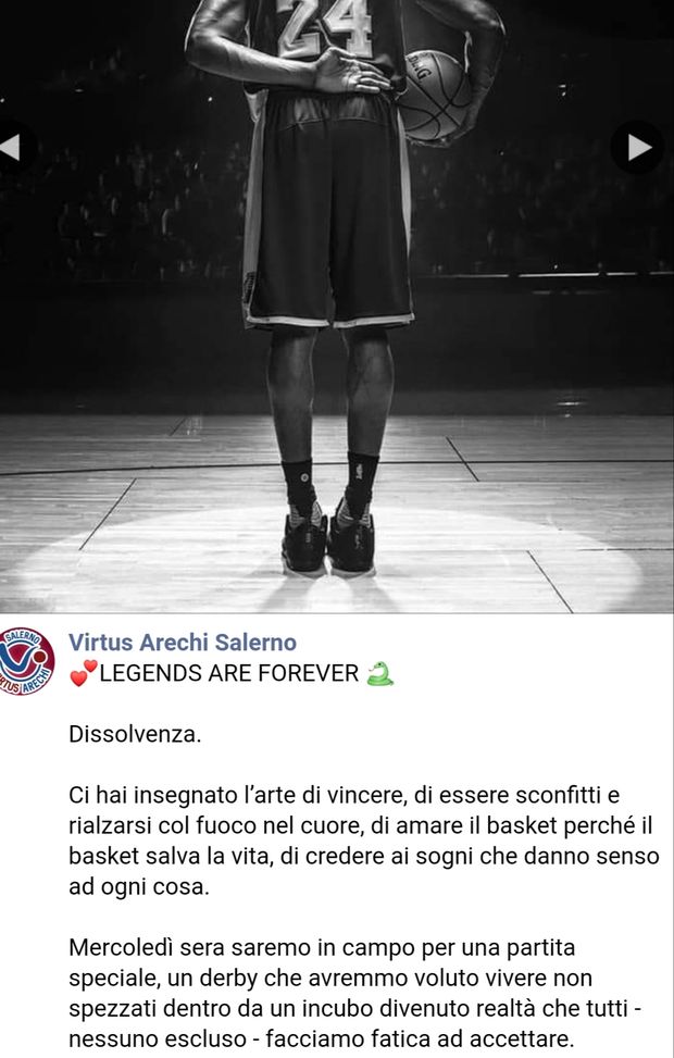 Facebook: il post di Salerno in onore di Kobe Bryant Facebook: il post di Salerno in onore di Kobe Bryant