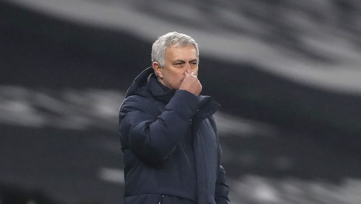 LONDON, ENGLAND - JANUARY 13: Jose Mourinho, Manager of Tottenham Hotspur reacts during the Premier League match between Tottenham Hotspur and Fulham at Tottenham Hotspur Stadium on January 13, 2021 in London, England. Sporting stadiums around England remain under strict restrictions due to the Coronavirus Pandemic as Government social distancing laws prohibit fans inside venues resulting in games being played behind closed doors. (Photo by Matthew Childs - Pool/Getty Images) LONDON, ENGLAND - JANUARY 13: Jose Mourinho, Manager of Tottenham Hotspur reacts during the Premier League match between Tottenham Hotspur and Fulham at Tottenham Hotspur Stadium on January 13, 2021 in London, England. Sporting stadiums around England remain under strict restrictions due to the Coronavirus Pandemic as Government social distancing laws prohibit fans inside venues resulting in games being played behind closed doors. (Photo by Matthew Childs - Pool/Getty Images)