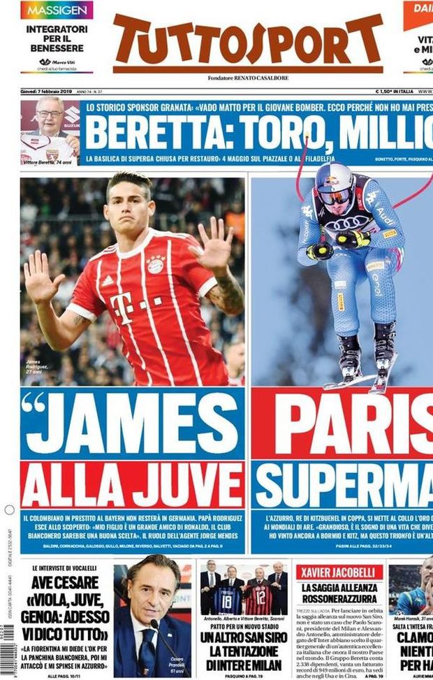 Prima Pagina, Tuttosport: “James alla Juve. Ave Cesare. Un altro San Siro. Niente Cina per Hamsik…” Prima Pagina, Tuttosport: “James alla Juve. Ave Cesare. Un altro San Siro. Niente Cina per Hamsik…”