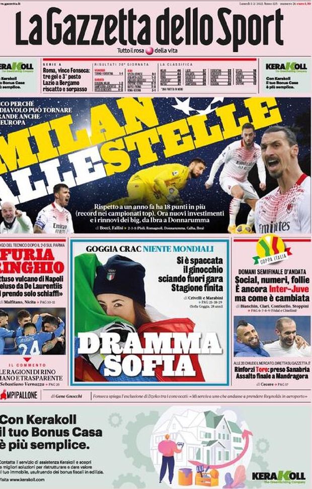 Prima Pagina, La Gazzetta dello Sport: “Milan alle stelle! Furia Ringhio, Gattuso vulcano di Napoli” Prima Pagina, La Gazzetta dello Sport: “Milan alle stelle! Furia Ringhio, Gattuso vulcano di Napoli”