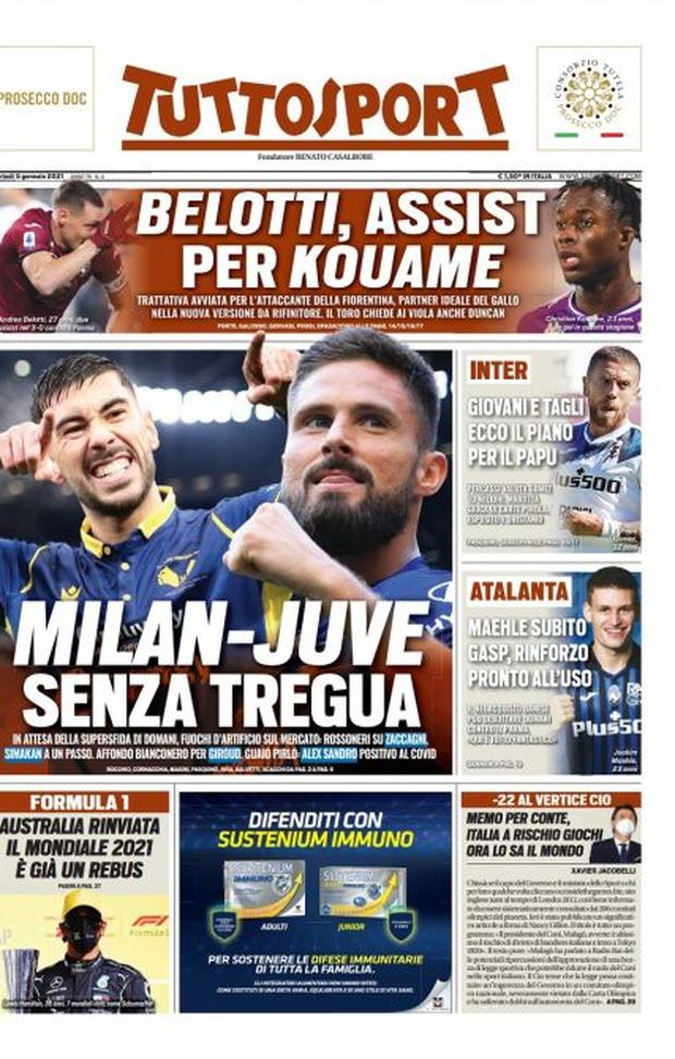 Prima Pagina, Tuttosport: “Milan-Juve senza tregua. Belotti, assist per Kouame”  Prima Pagina, Tuttosport: “Milan-Juve senza tregua. Belotti, assist per Kouame”