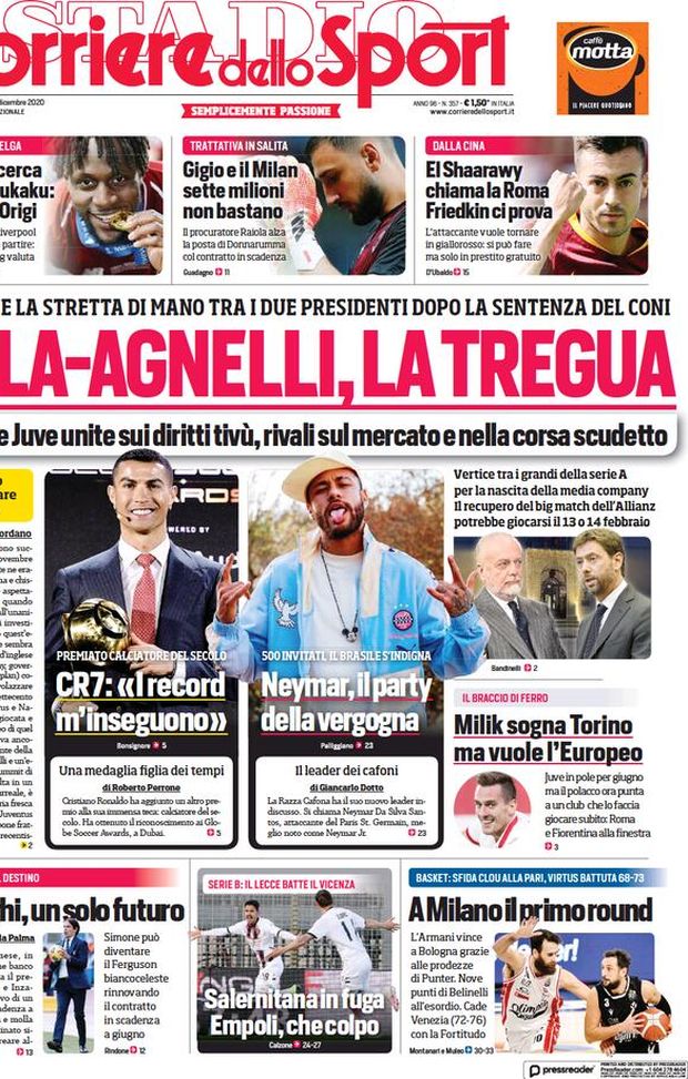 Corriere dello Sport, la prima pagina di oggi, lunedì 28 dicembre 2020 