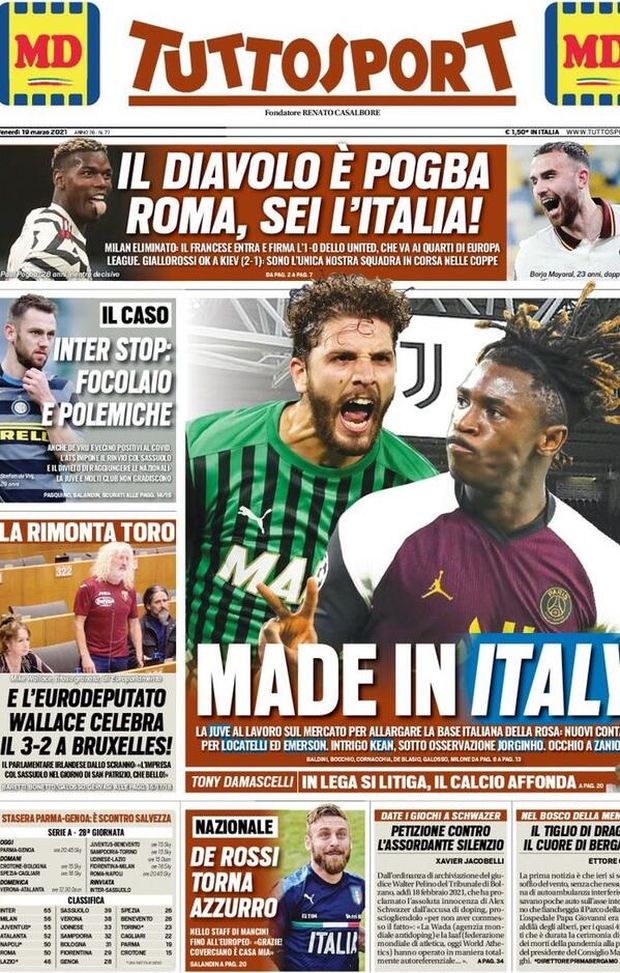 Tuttosport, la prima pagina di oggi, venerdì 19 marzo 2021 Tuttosport, la prima pagina di oggi, venerdì 19 marzo 2021