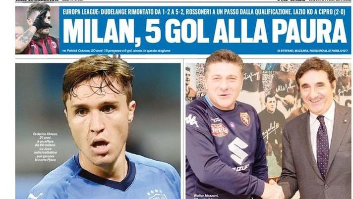 Prima Pagina, Tuttosport: “Juve-Inter in Chiesa. Bentornato Mazzarri! Milan, 5 gol alla paura. Lazio…”  Prima Pagina, Tuttosport: “Juve-Inter in Chiesa. Bentornato Mazzarri! Milan, 5 gol alla paura. Lazio…”